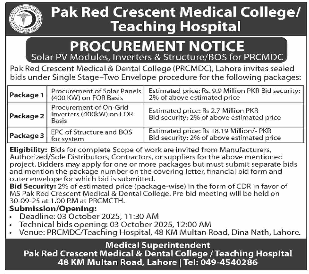 Pak Red Crescent Medical & Dental College Lahore Tender Notice